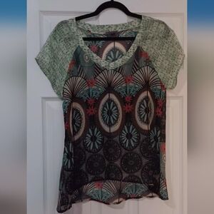 West Kei Sheer Boho Green and Black Patterned Blouse